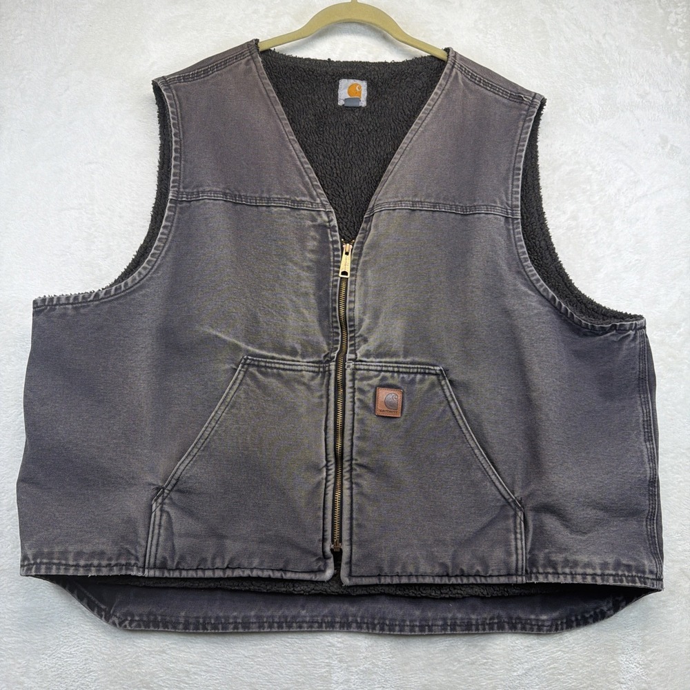 Carhartt Men's 3XL Gray Canvas Fleece Lined Vest Full Zip Workwear Distressed